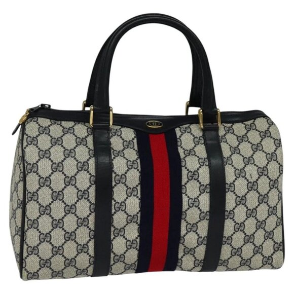 GUCCI GG Supreme Sherry Line Boston Bag PVC Navy Gold 24 012 3842 Auth 137431 - Picture 1 of 16